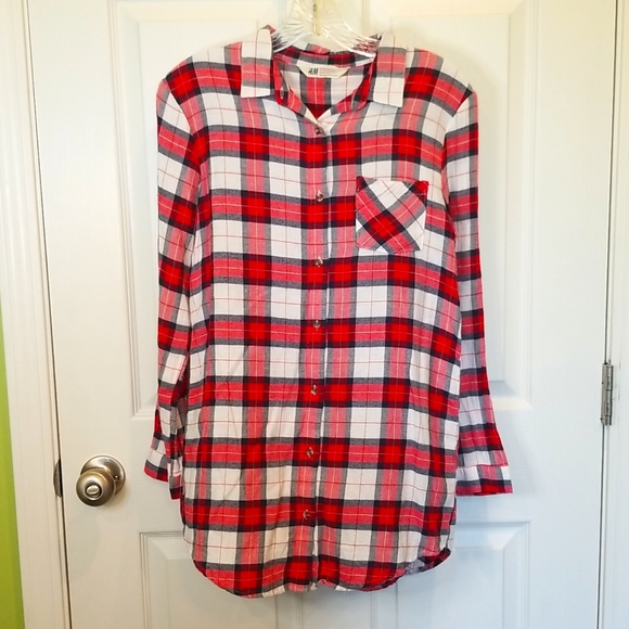 H&M Red White & Blue Plaid Flannel Button Down Shirt, Size 12-13Y - Picture 1 of 5